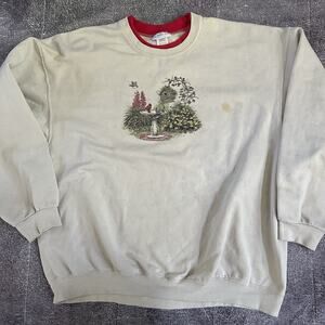 Men's Vintage 90's Morning Sun Red Cardinal Bird Feeder Crewneck Sweatshirt 3XL